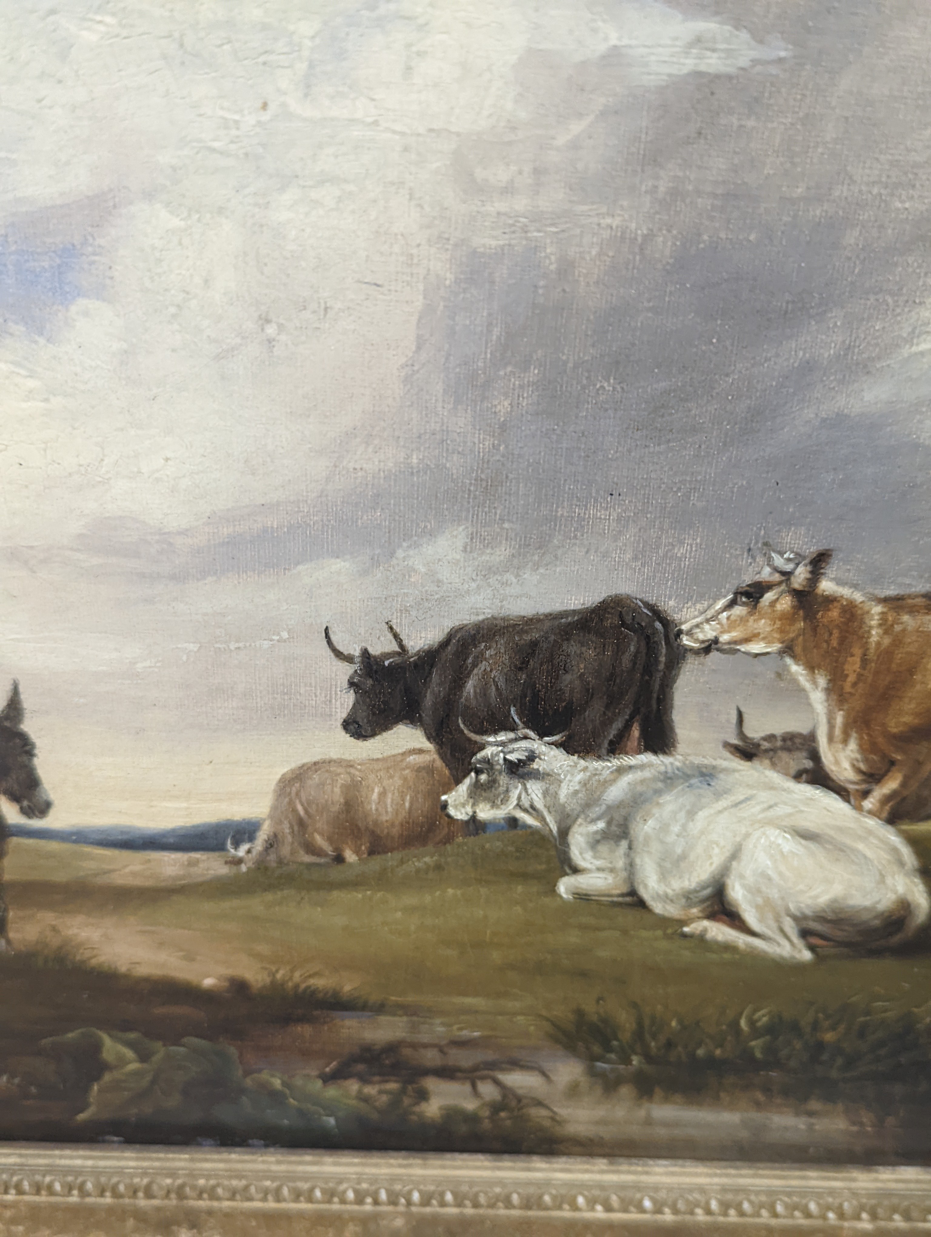 Manner of Thomas Sidney Cooper, oil on canvas, Cattle and donkey in a landscape, 28 x 37cm